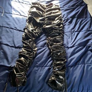 Black metallic stacked pants